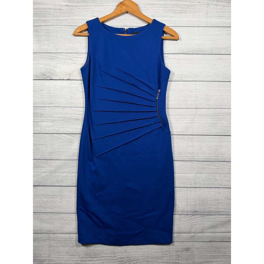 Ivanka Trump Women's 4 Royal Blue Ruched Side Zip Sleeveless Sheath Dress 1500